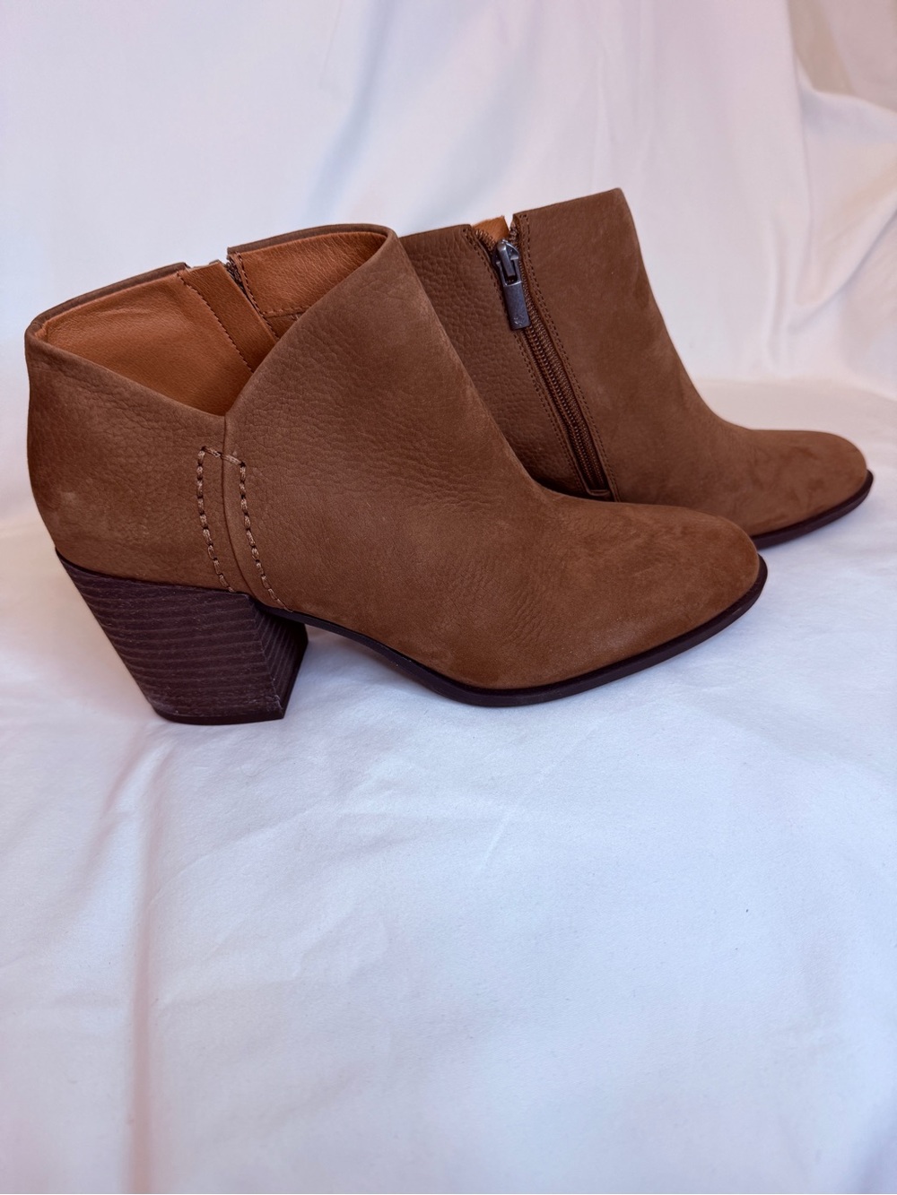 Lucky Brand Tan Suede Ankle Booties with Stacked Heel